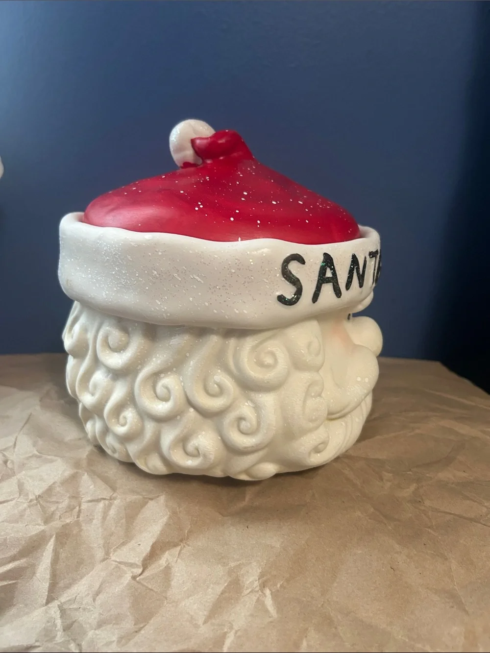 Santa Snacks Christmas Ceramic Cookie Jar with Lid Red and White sparkles.